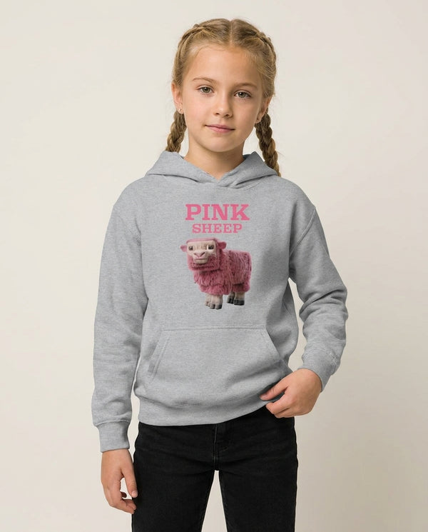 Pink Sheep Kids Hoodie — Grey Front, worn
