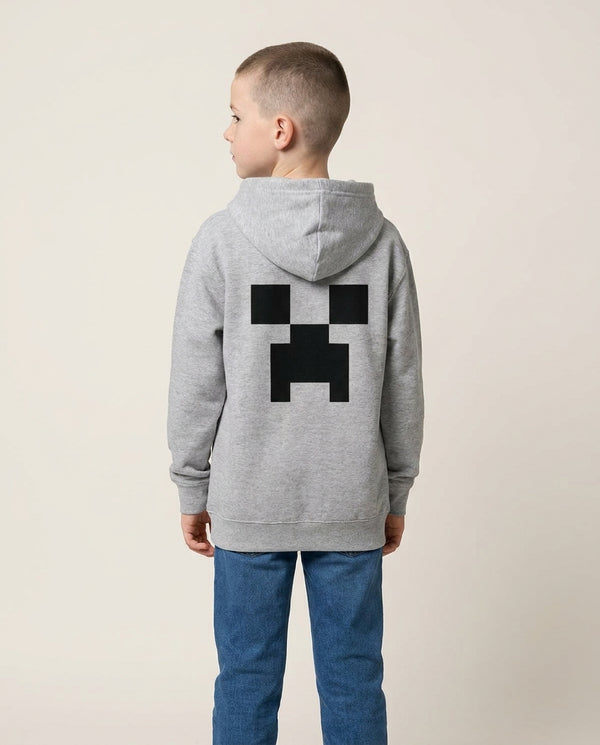 Creeper Face - Mining Kids Hoodie — Grey Back, worn