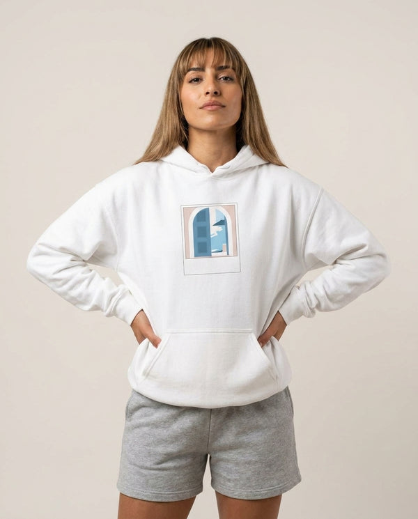 The Balcony - Mamma Mia Hoodie — White Front, worn
