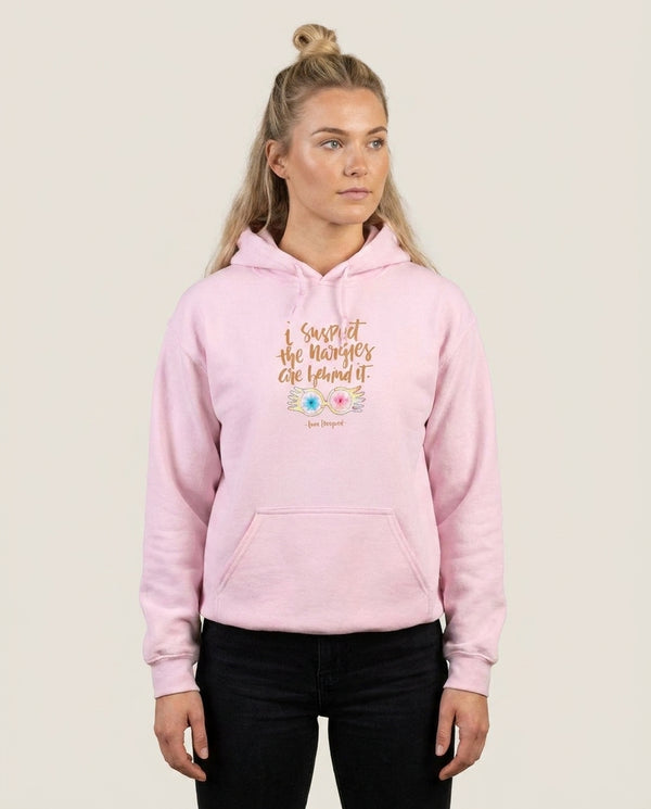 I Suspect The Nargles Are Behind It Hoodie — Pink Front, worn