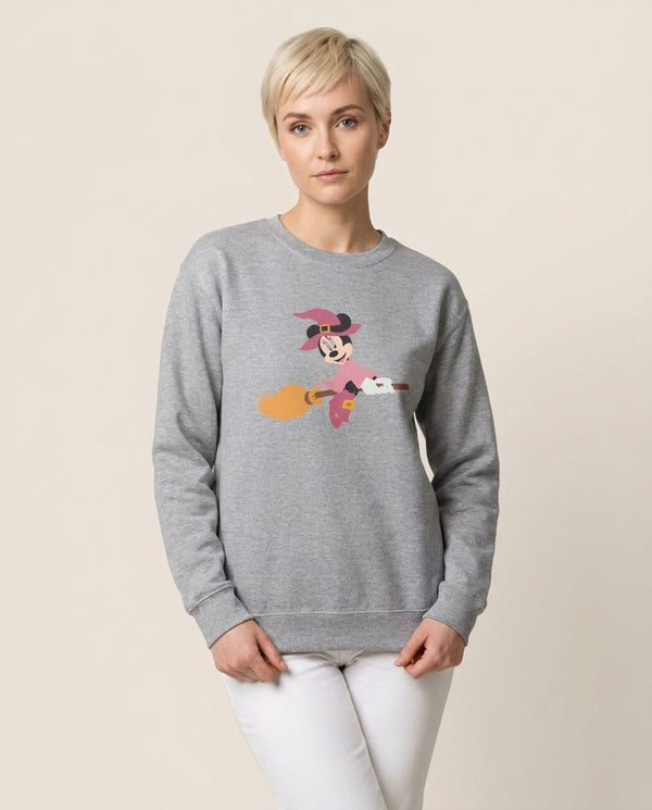Witch Female Mouse Halloween Sweatshirt — Grey Front, worn