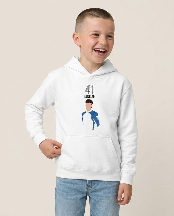 Lindblad 2026 Kids Hoodie — White Front, worn
