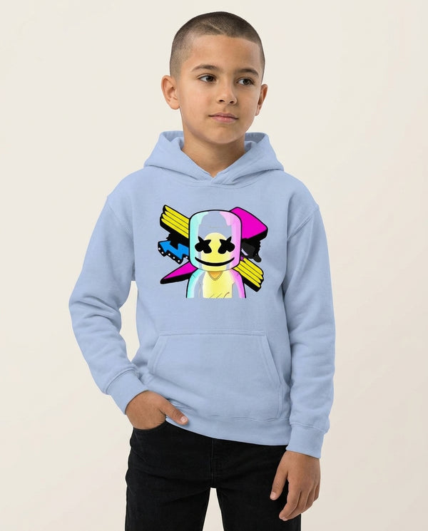 Neon Logo White Helmet DJ Kids Hoodie — Blue Front, worn