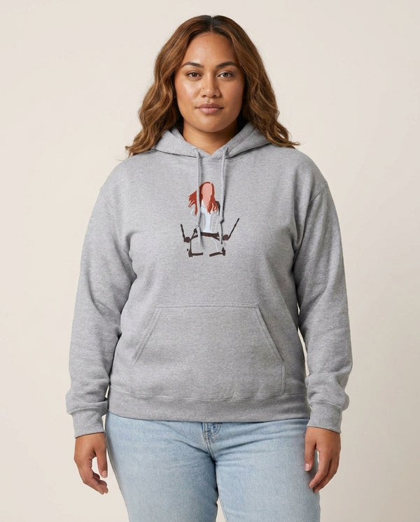 Black Widow Hoodie — Grey Front, worn