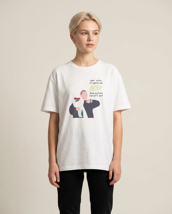 Seems We Both Have Autism - British Pop Culture T-Shirt — White Front, worn