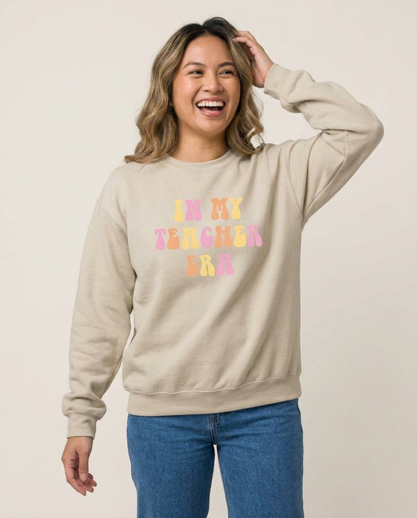 In My Teacher Era Sweatshirt — Sand Front, worn