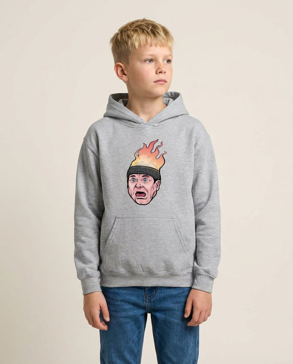 Flaming Beanie Kids Hoodie Grey Front, worn