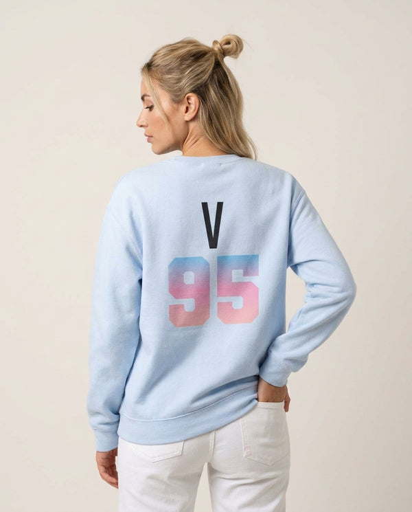 V 95 Sweatshirt — Blue Back, worn