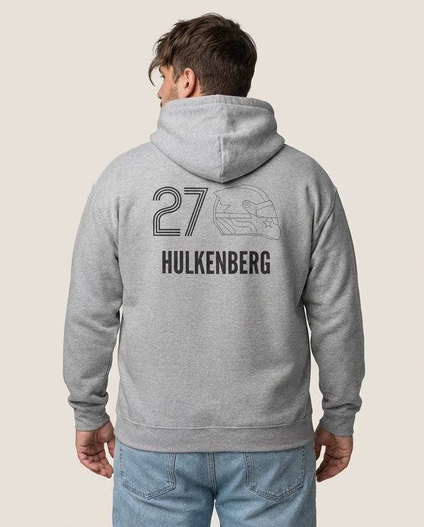 Hulkenberg Helmet 2026 Hoodie — Grey Back, worn