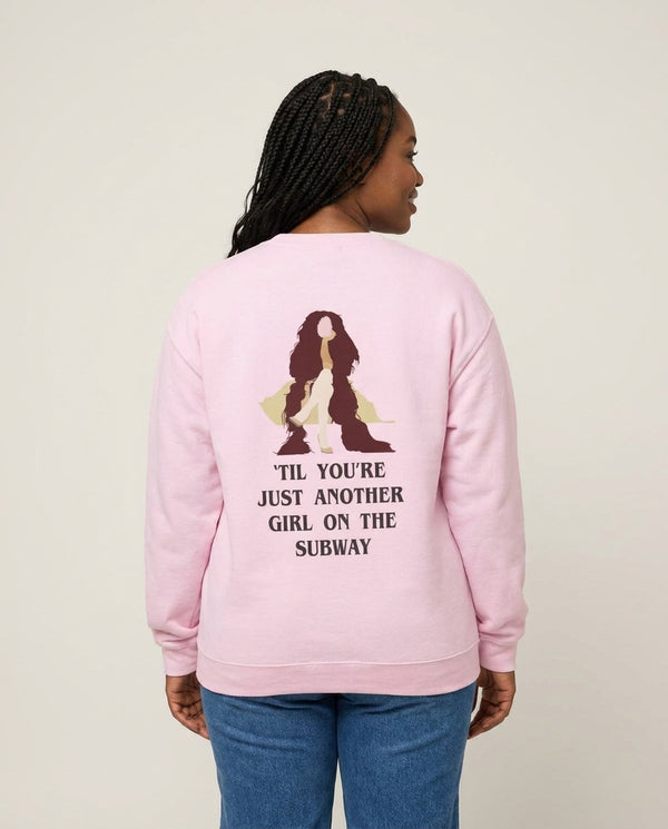 Just Another Girl Sweatshirt — Pink Back, worn