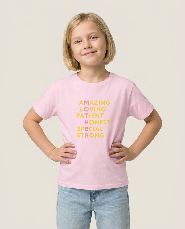 Mother Anagram Kids T-Shirt — Pink Front, worn