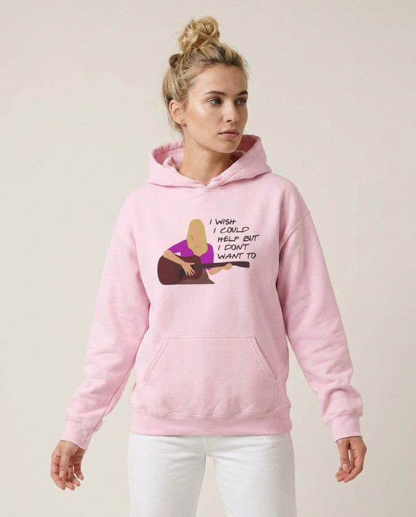 I Wish I Could Help But I Don't Want To Hoodie — Pink Front, worn