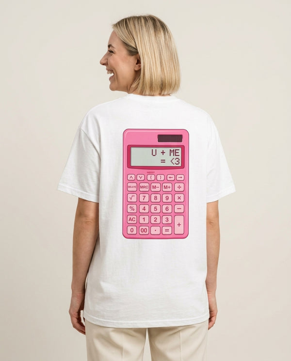 Pink Love Calculator T-Shirt White Back, worn