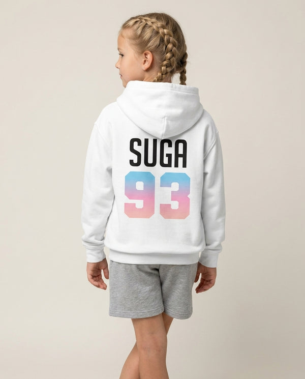 Suga 93 Kids Hoodie — White Back, worn