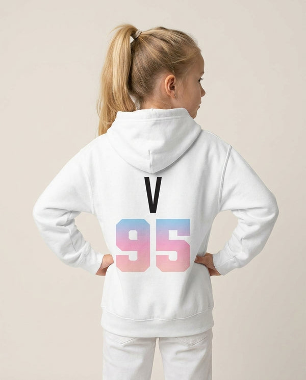 V 95 Kids Hoodie — White Back, worn