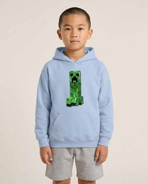 Mining Creeper Kids Hoodie — Blue Front, worn