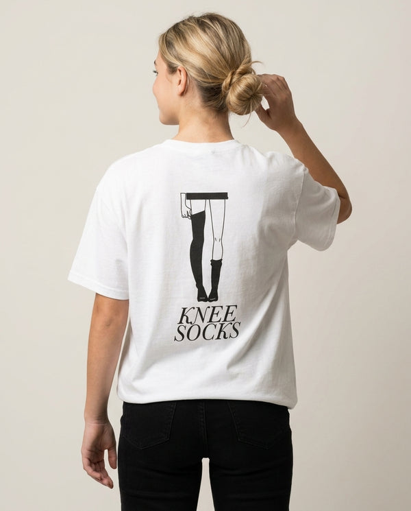 Knee Socks T-Shirt — White Back, worn
