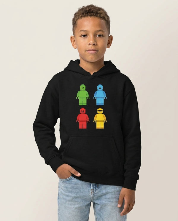 Bricks Figures Rainbow Kids Hoodie — Black Front, worn