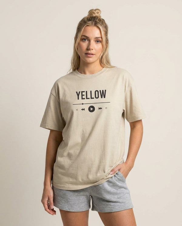 Yellow Music Player T-Shirt — Sand Front, worn