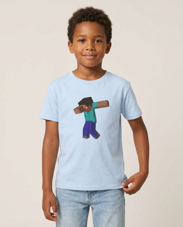 Steve Dab - Mining Kids T-Shirt — Blue Front, worn