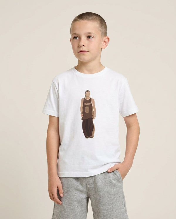 Jersey Kids T-Shirt — White Front, worn