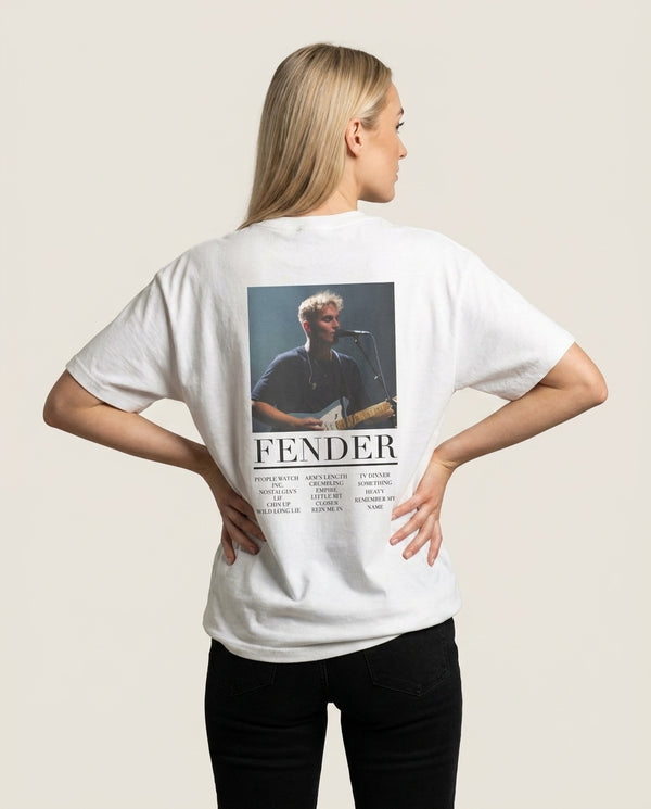 Fender Orange Song List T-Shirt — White Back, worn