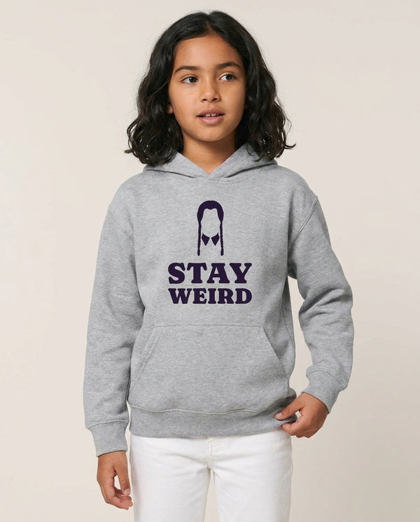 Stay Weird Purple Kids Hoodie — Grey Front, worn