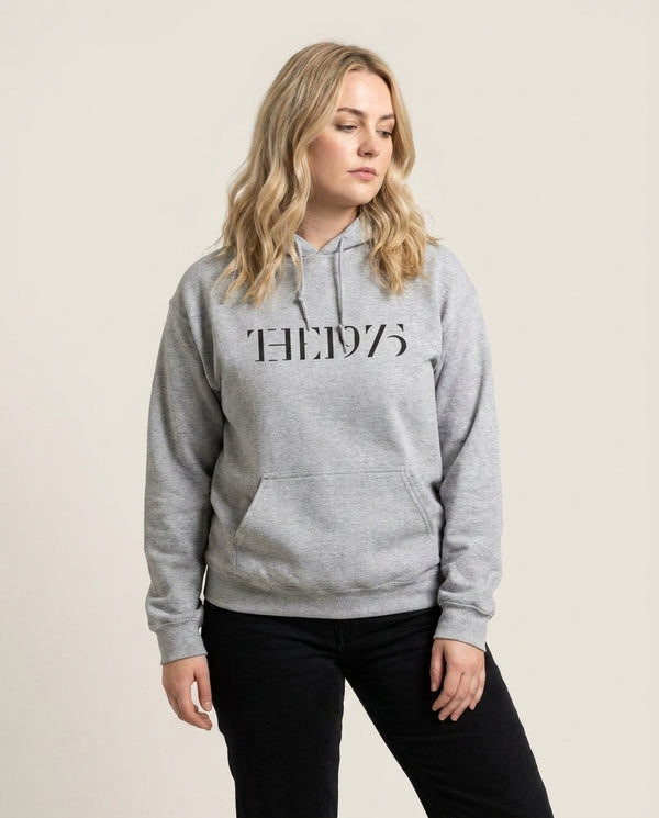 1975 Text Hoodie — Grey Front, worn