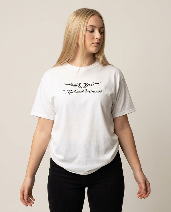 Midwest Princess Tattoo T-Shirt — White Front, worn
