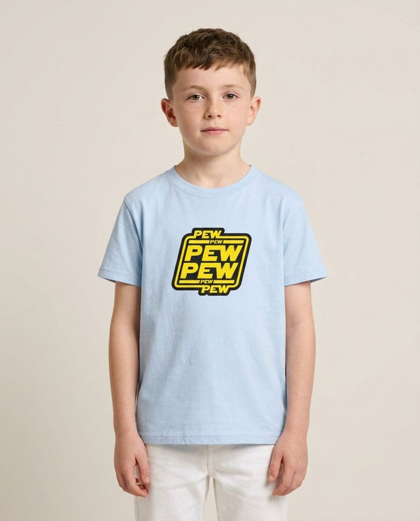 Pew Pew Kids T-Shirt — Blue Front, worn