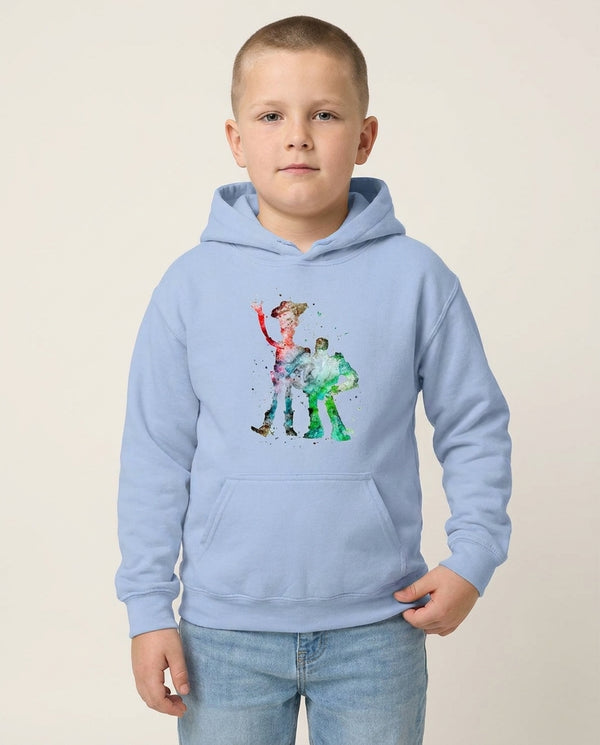 Watercolour Woody & Buzz A Story of Toys Fairytale Kids Hoodie — Blue Front, worn