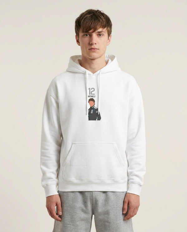 Antonelli 2026 Hoodie — White Front, worn
