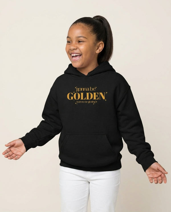 Gonna Be Golden Kids Hoodie — Black Front, worn