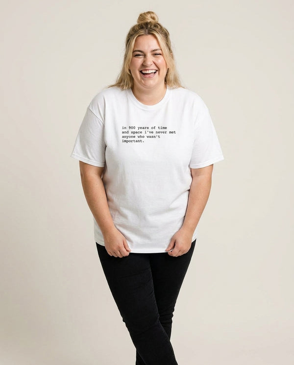 In 900 Years T-Shirt — White Front, worn