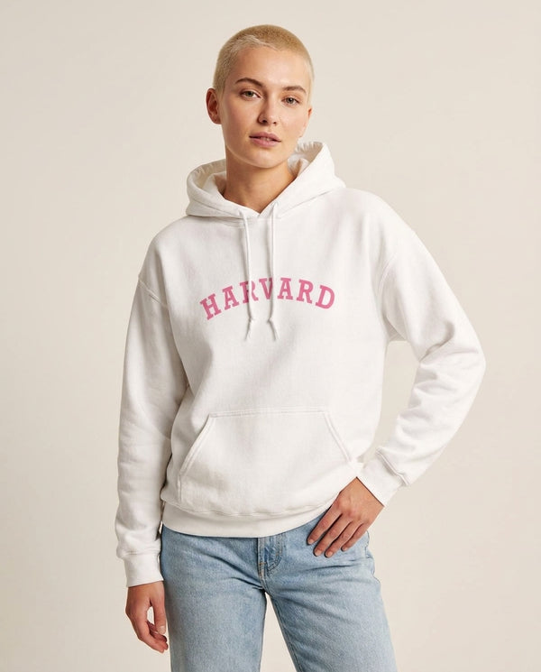 Ivy League Pink Hoodie — White Front, worn