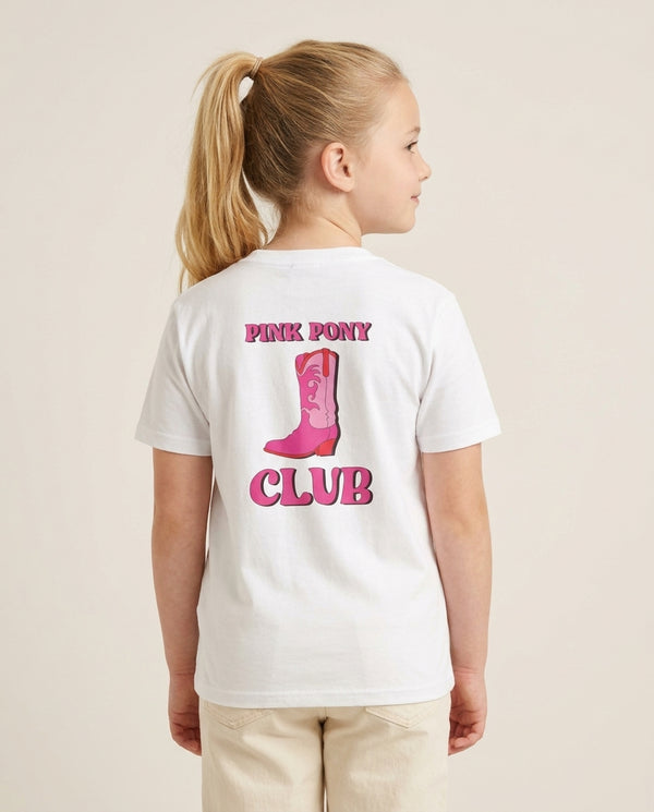 Zebra Print Pink Pony Club Kids T-Shirt — White Back, worn