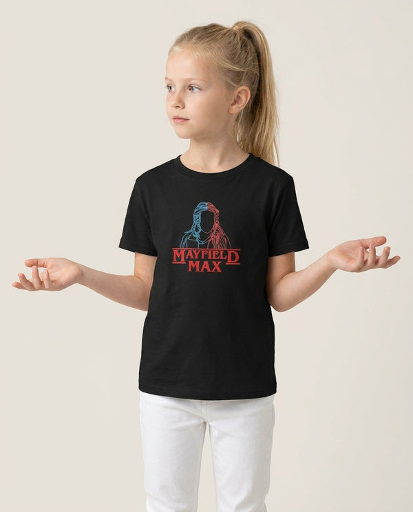 Blue And Red Max Kids T-Shirt — Black Front, worn