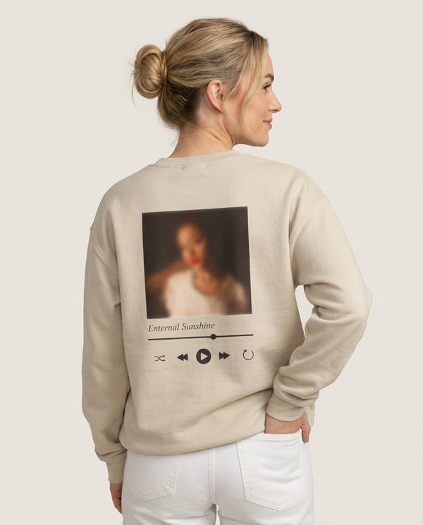 Sunshine Music Player Sweatshirt — Sand Back, worn
