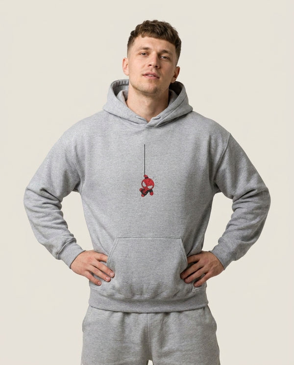 Gray Hanging Spider Hero Hoodie — Grey Front, worn
