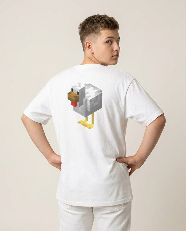 Mining Chicken T-Shirt — White Back, worn