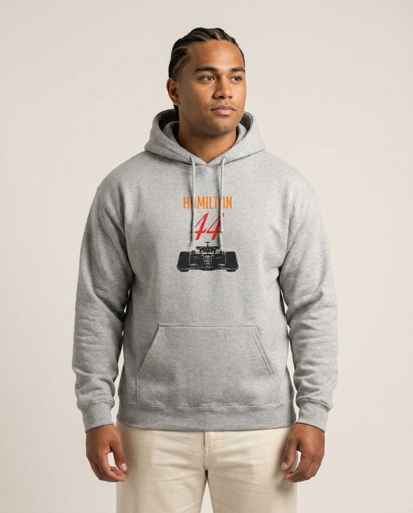 F1 Car Hamilton Hoodie — Grey Front, worn