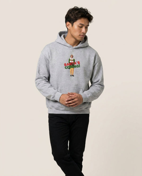 Buddy The Elf - Santa's Coming! Hoodie — Grey Front, worn