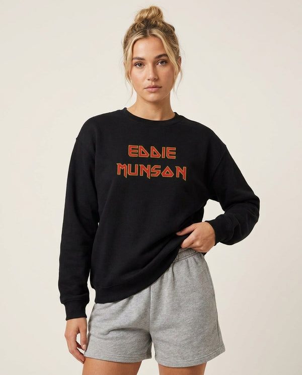 Eddie Munson Text Sweatshirt — Black Front, worn