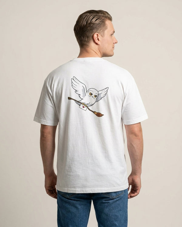 Messenger Owl Hedwig T-Shirt — White Back, worn
