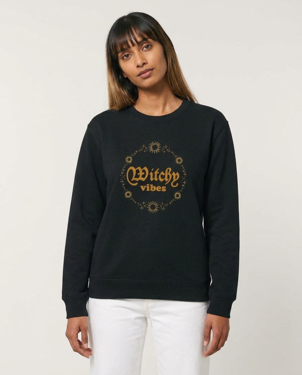 Witchy Vibes Green Sweatshirt — Black Front, worn