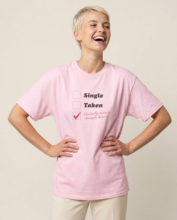 Mentally Dating Benson T-Shirt — Pink Front, worn