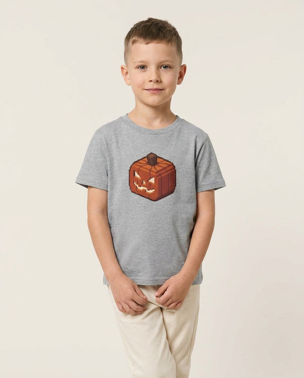 Mining Pumpkin Kids T-Shirt — Grey Front, worn