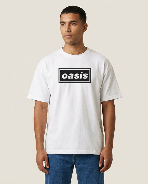 Band Name T-Shirt — White Front, worn