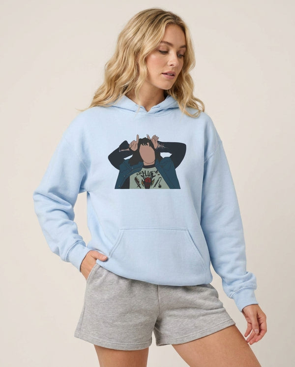 Eddie Munson Hoodie — Blue Front, worn