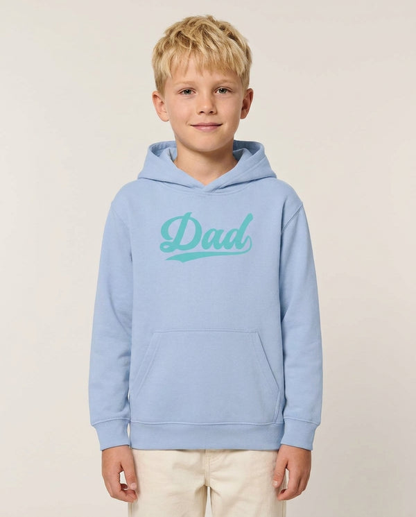 Dad Logo Kids Hoodie — Blue Front, worn